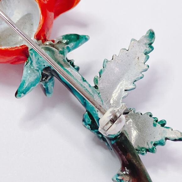 Vintage 70s 80s Red Enamel Rose Brooch Gold Tone Floral Pin Fun Flower Power - Picture 9 of 12